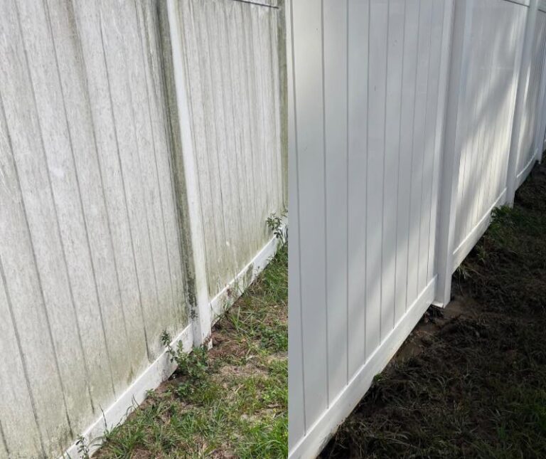 Fence Cleaning 5 Before and after picture of a white fence expertly pressure washed by W3 Pressure Cleaning