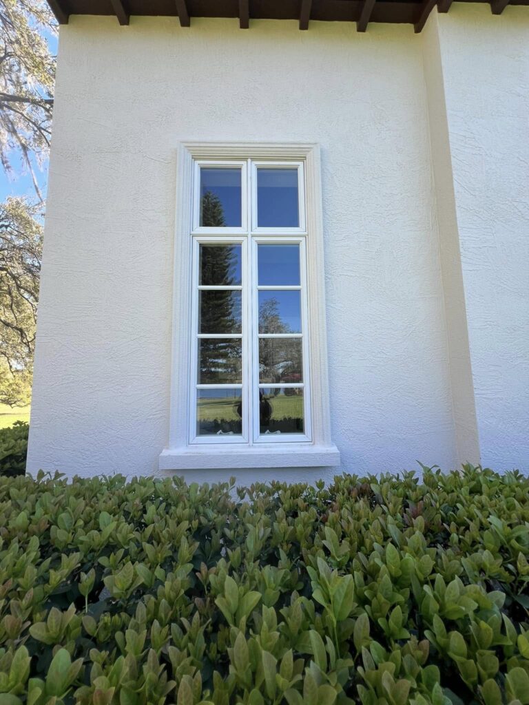 Window Cleaning 5 a window with a white frame and green bushes in front of it. The best window cleaning in Central Florida