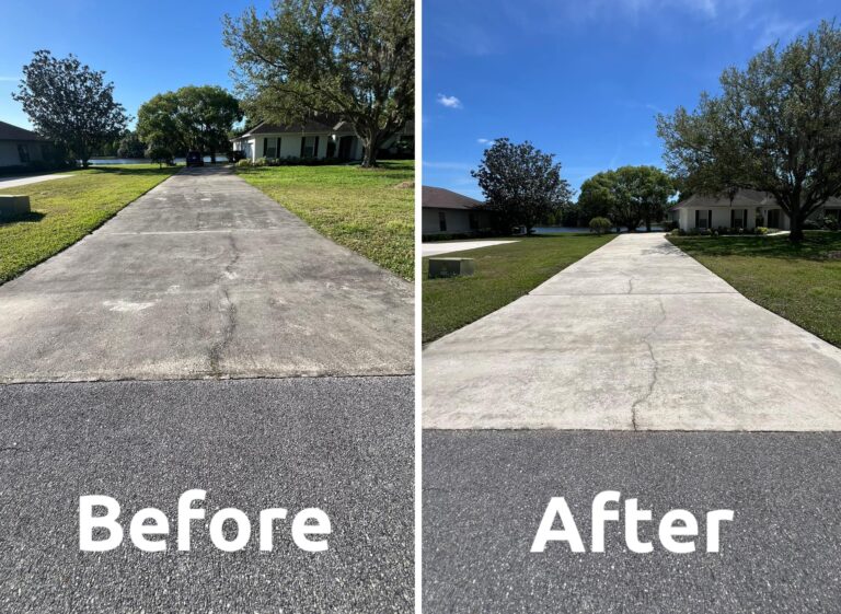 Driveway Cleaning in Winter Haven 5 before and after of a pressure washed sidewalk with a house and trees. The best pressure washing services in Cypress Gardens. Driveway cleaning in Winter Haven