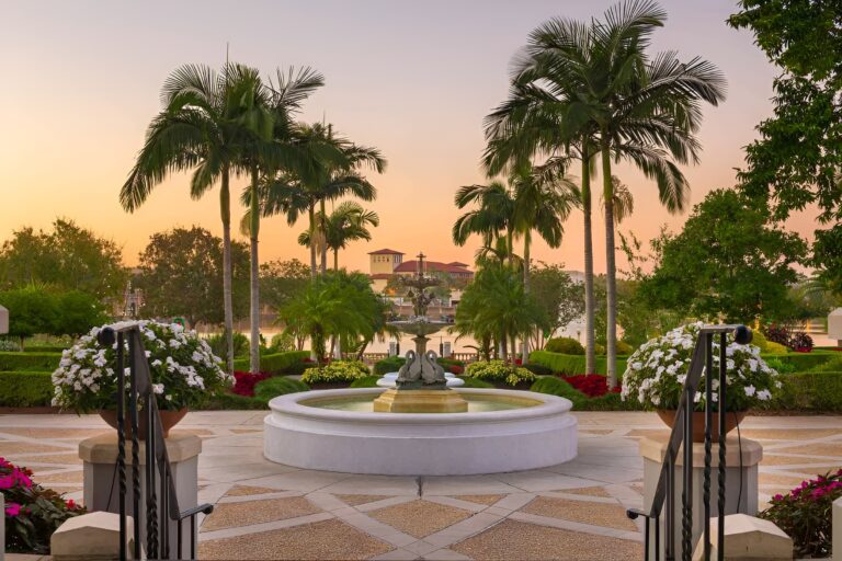 a fountain surrounded by palm trees. Lakeland. Florida