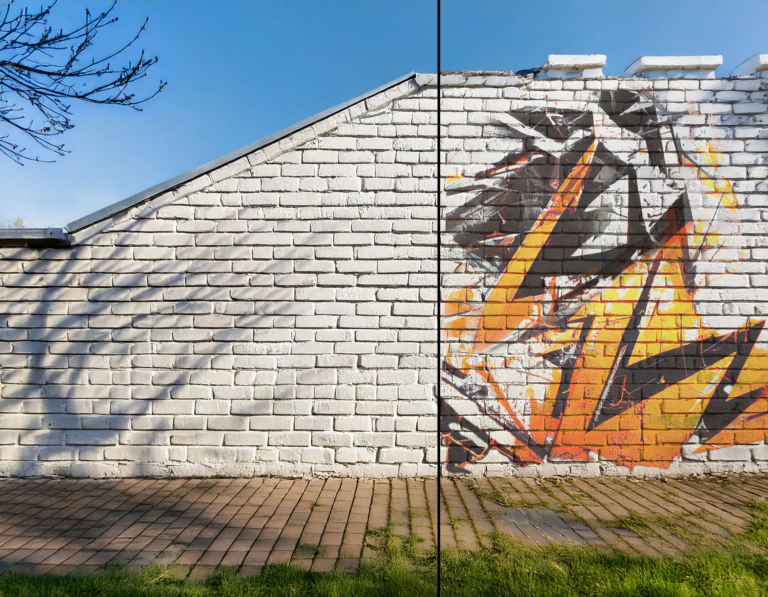 Graffiti Removal 5 a white brick wall with graffiti on it. before and after of W3 professional graffiti cleaning services